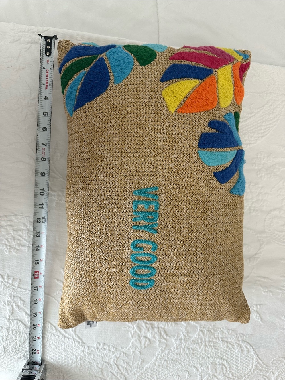 Embroidered Straw Accent Target Pillow - 'VERY GOOD' with Bright Leaf Motif